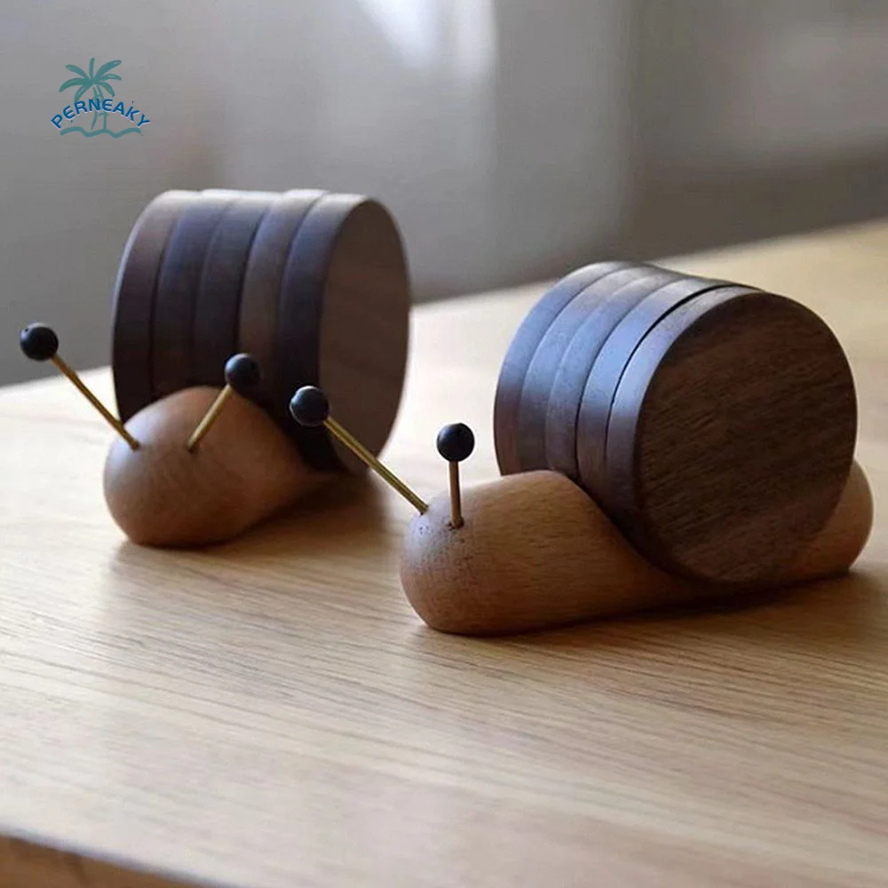 

Round Snail Shape Drink Coaster Set Heat Resistant Walnut Wooden Table Insulation Pad Magnetic Anti-scald Tea Cup Mat Decoration
