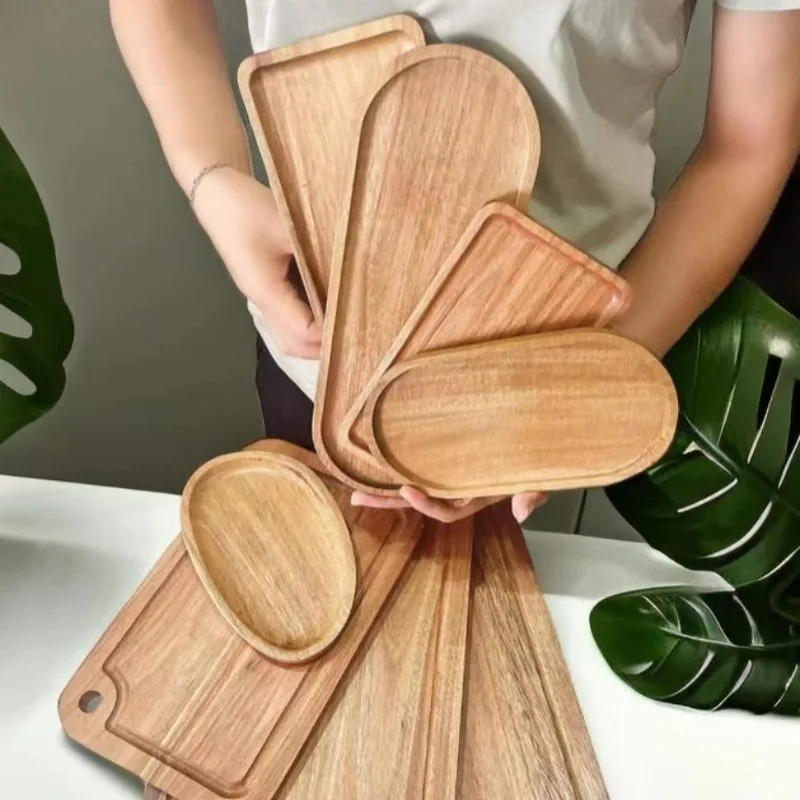 Plateau de service décoratif en bois d'acacia style Wabi Sabi, plateau ovale en bois naturel pour la décoration de table à la maison, petit organisateur