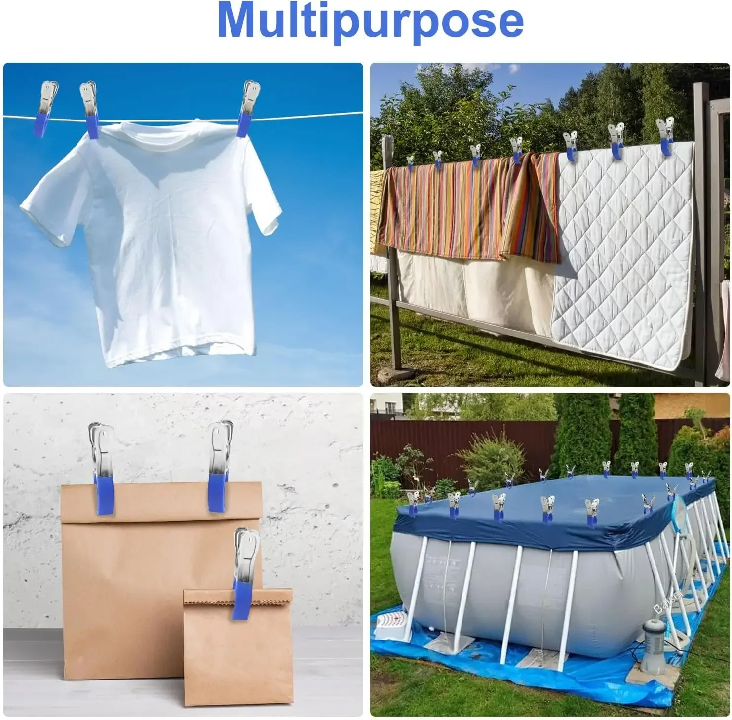 12 clips duraderos de acero inoxidable para cubiertas de piscina con mango de plástico azul - Aptos para cubiertas de piscinas elevadas y fotografía