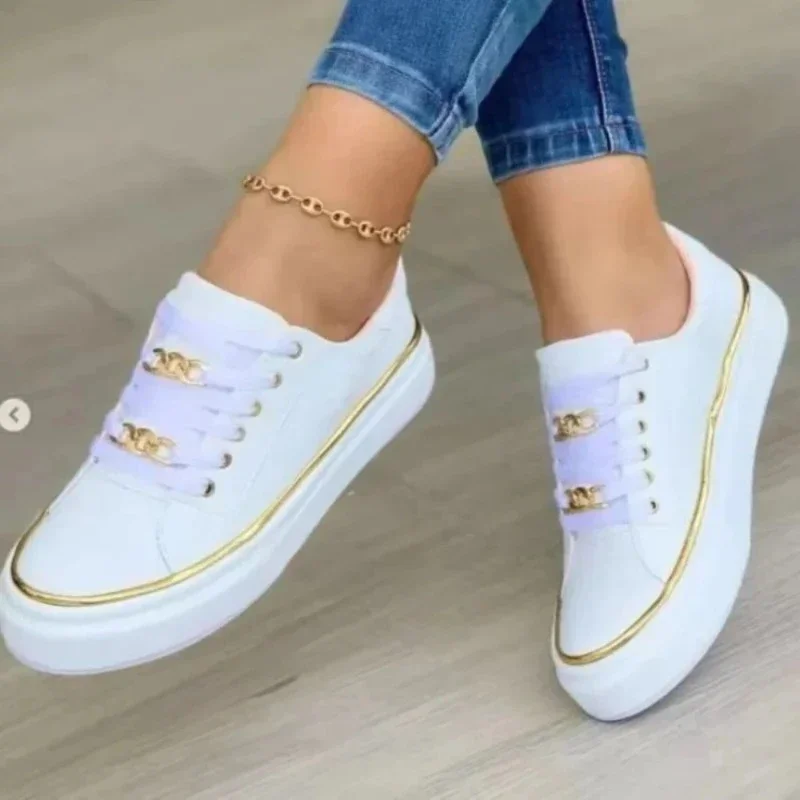 Sapatos vulcanizados plataforma para mulheres, cabeça redonda, sapatilhas com renda, tênis de couro, moda casual para senhoras, tamanho grande