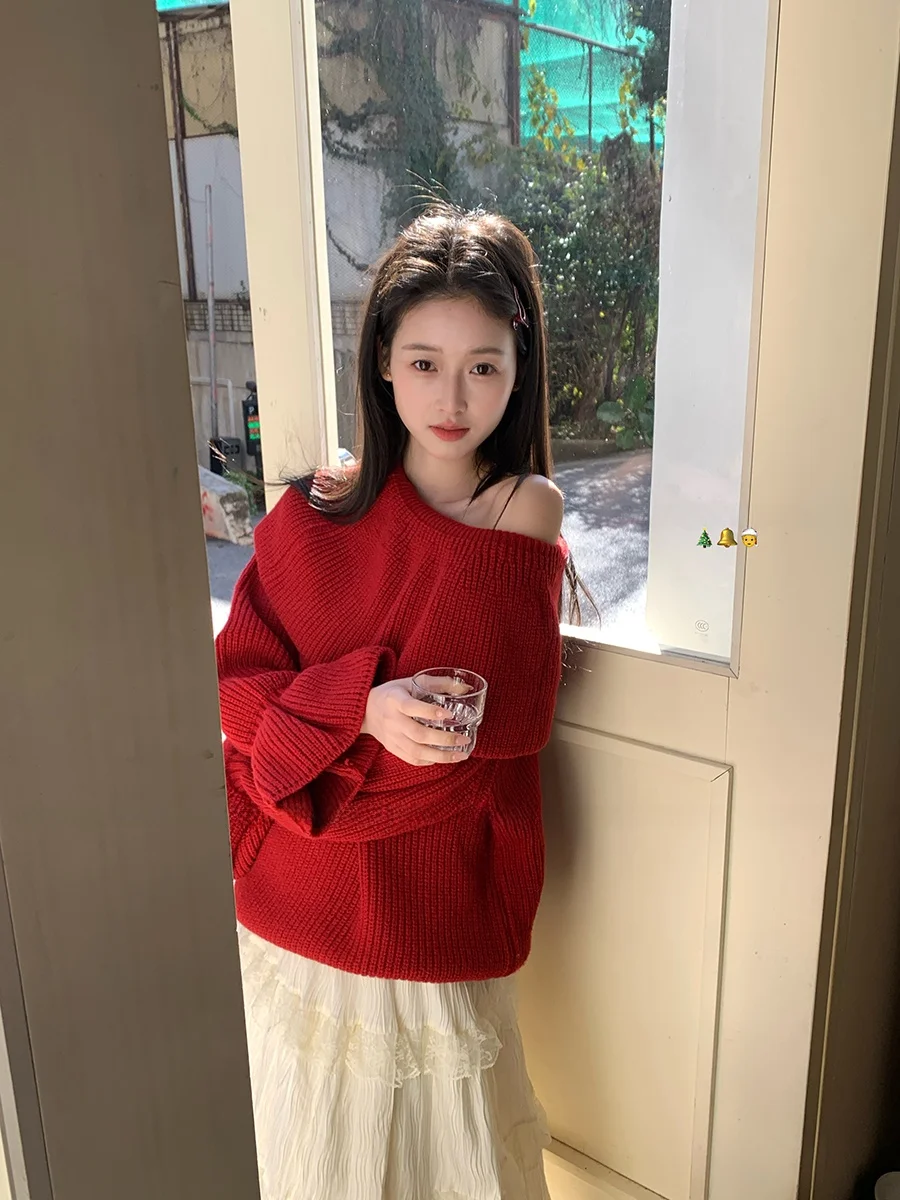 

Вязаный свитер Sinbounboun Pure Desire Girl с открытыми плечами, рукавами-колокол, в повседневном стиле, с длинными рукавами, свободного кроя, из чистого акрила и полиэстера