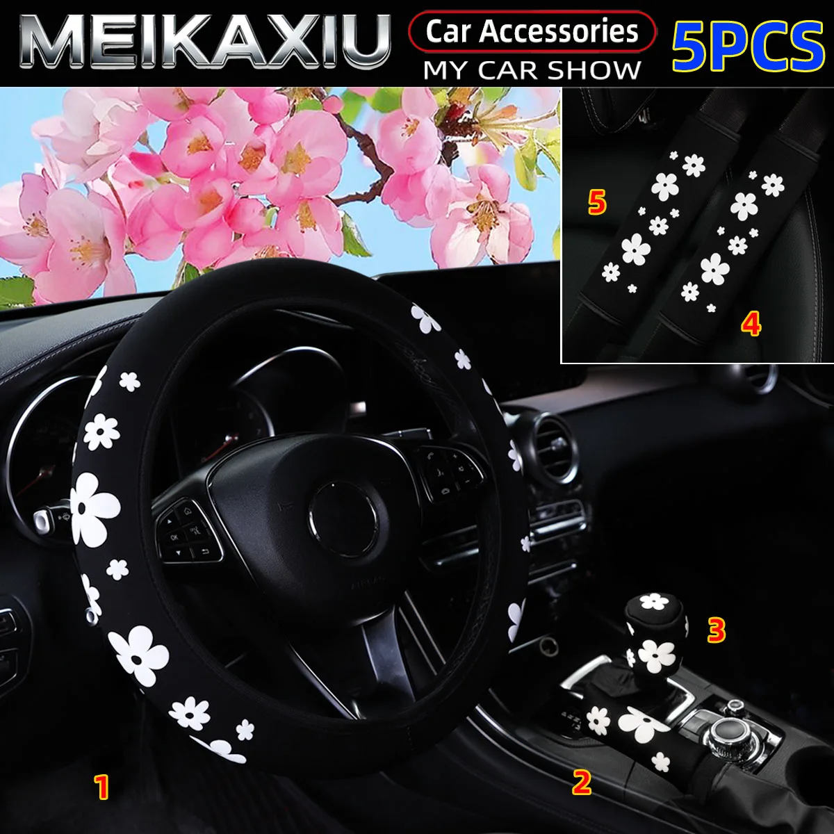 

5 PCS Foam 3D Fabric Car Accessories: Rimless Steering Wheel Cover Shoulder Pad Handbrake & Gear Cover for Women