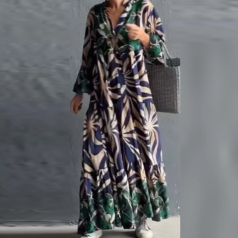 Ladies V Neck Leaf Print Loose Maxi Dress New Fall Vintage High Waist Pleated Bohemian Dress Casual Long Sleeved Commuting Dress