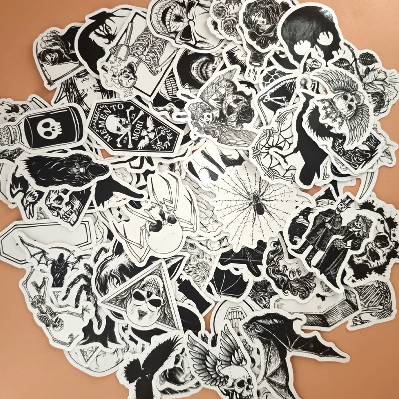 

100 шт. черно-белых эстетичных готических мультяшных художественных наклеек для ноутбуков, скейтбордов, гитар, чемоданов, шлемов, детских игрушек