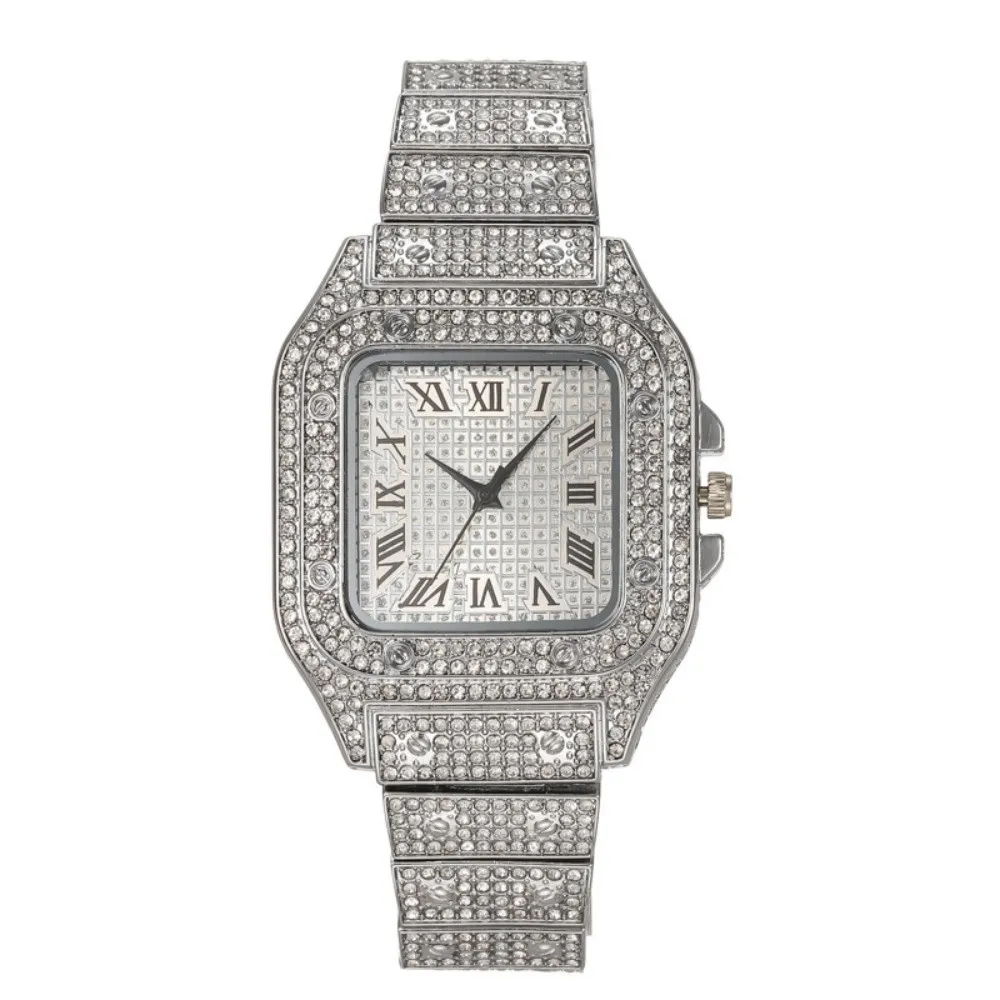 Waterproof Classic Luxury Business Watch Steel Strap Roman Scale Quartz Wristwatch Rhinestone Square Men Watch Male Fashion