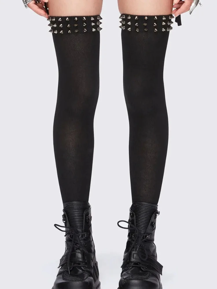 Fashionable Punk Elastic Black Knee High Spike Rivet Decoration Border Subculture Y2K Streetwear Knee High Socks Long Tube Socks