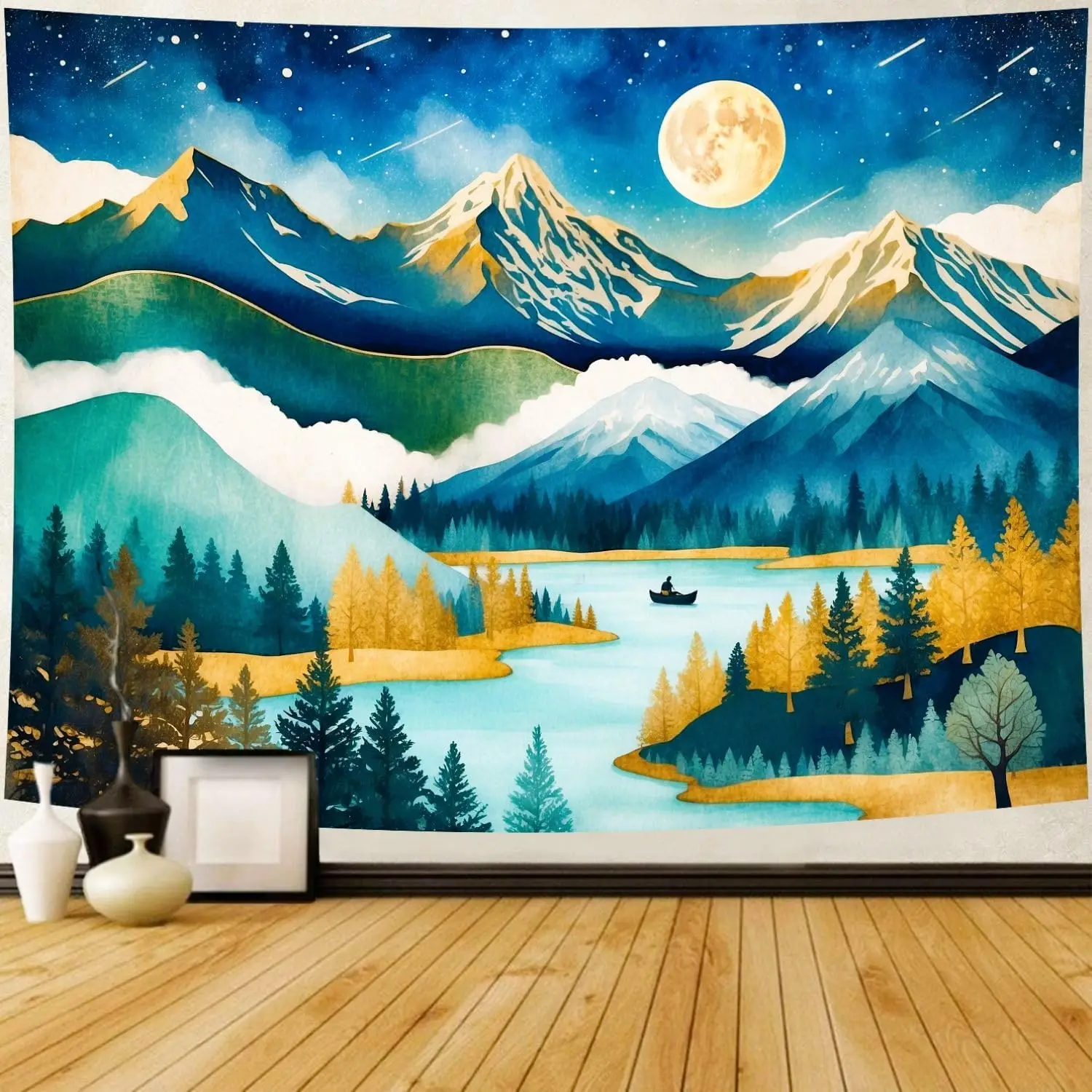 Celestial Mountain Landscape Tapestry, Golden Moon & Shooting Stars Over Lake, Mystical Wall Art for Meditation Room & Altar