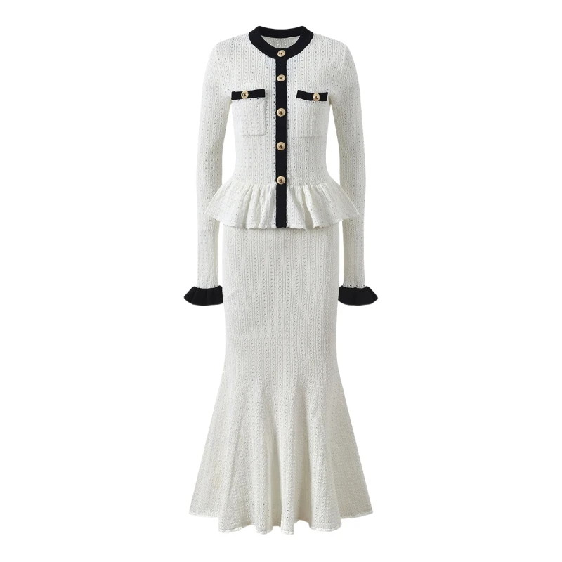 

Осенние открытые пляжные юбки, наряды для женщин, вязаные топы с длинными рукавами и оборками + плиссированные юбки трапециевидной формы, женские комплекты из 2 предметов