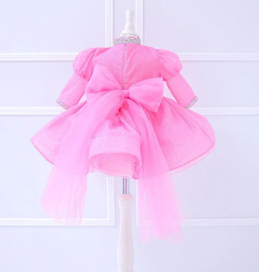 

Hot Pink Glitter Baby Girls First Birthday Dress Tutu Outfit Flower Girl Dress Prom Christmas Gown Puff Sleeves 12M 24M