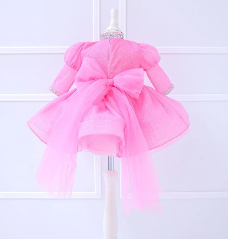 Hot Pink Glitter Baby Girls First Birthday Dress Tutu Outfit Flower Girl Dress Prom Christmas Gown Puff Sleeves 12M 24M