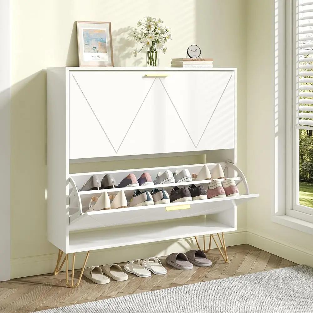 

Narrow Entryway Shoe Cabinet with Dual Lip Doors and Hidden Rack for Hallway and Living Room