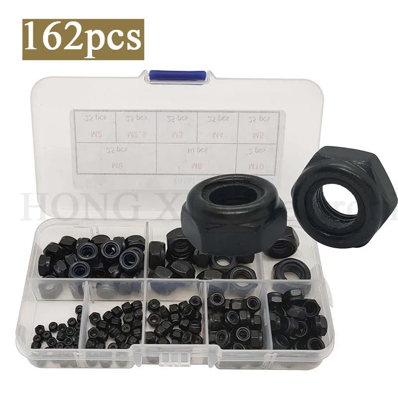 

Nylon Insert Hex Locknuts, M2M2.5M3M4M5M6M8M10Carbon Steel Black Zinc Plated Hex Lock Nuts Metric Coarse Threads 162pcs