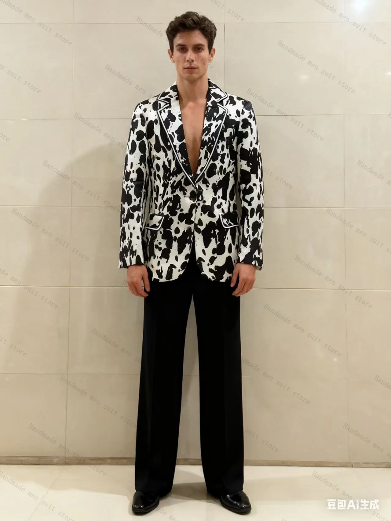 

White Black Men Suit Set 2 Pcs Blazer+Pants Animal Cow Pattern Wedding Tuxedos Coat Cotton Customized Office Business Jacket