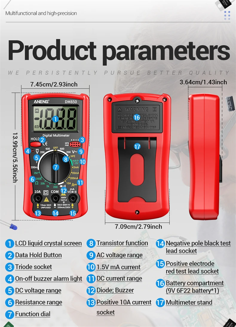 ANENG DM850 Multimeter-Tester 1999 Zähler AC DC 600V DC10A Ohm Dioden-Trioden-Prüfer mit Summer und Datenhaltefunktion, tragbares Messwerkzeug für Elektriker – Detail 8