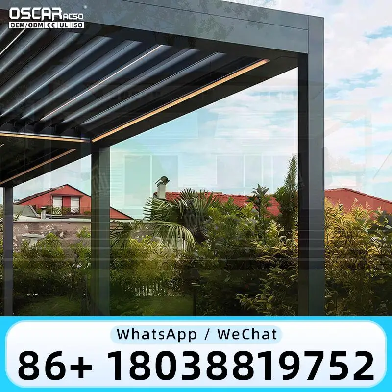 Aanpasbare maat Elektrisch opvouwbaar Luxe buiten Waterdicht Intrekbaar Aluminium lamellendak Pergola voor tuinen Patio's Terug