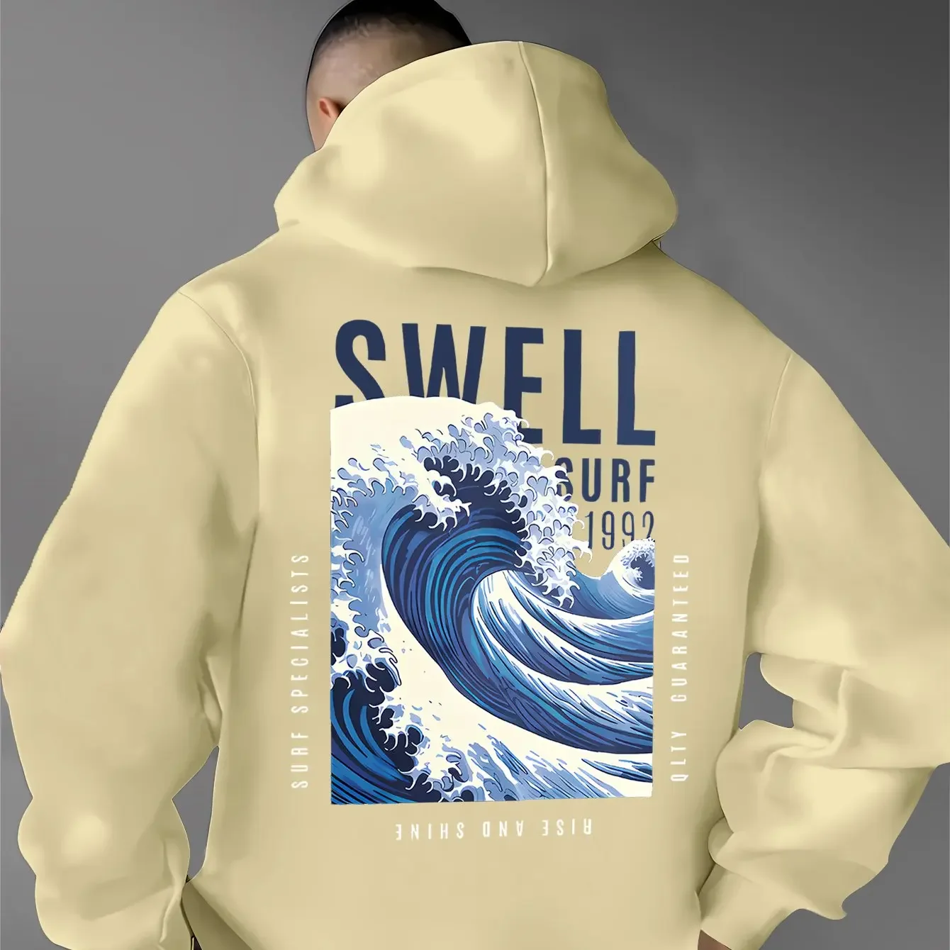 Men's SWELL SURF Wave Print -White Gradient Ukiyo-e Style American Casual Hooded Sweatshirt Regular Fit
