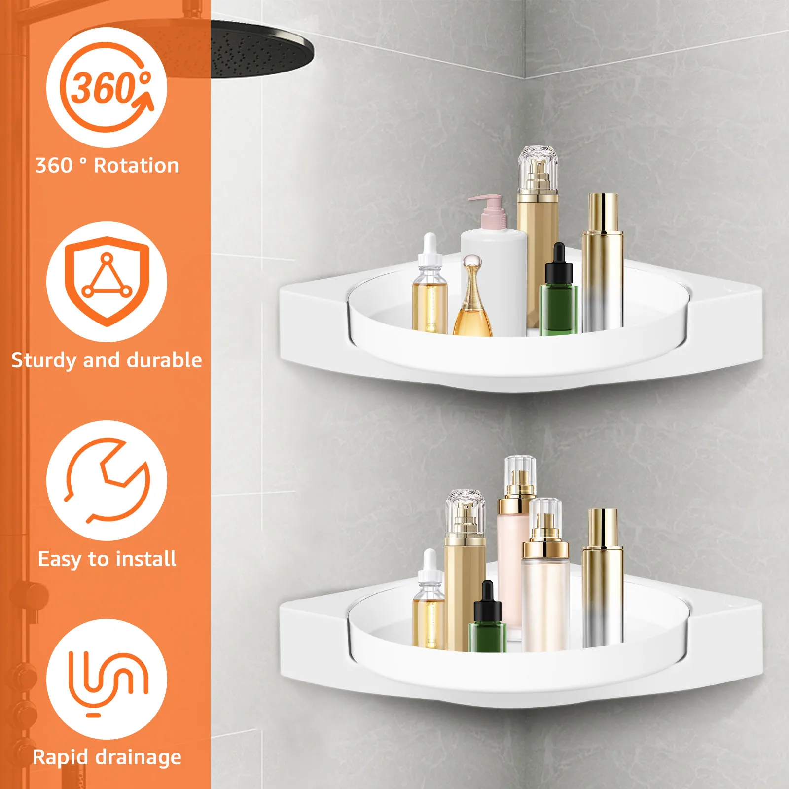 2Pcs 360° Rotating Bathroom Shelf Detachable No Drill Self Adhesive Shower Corner Organizer Rack for Bath Kitchen Accessories