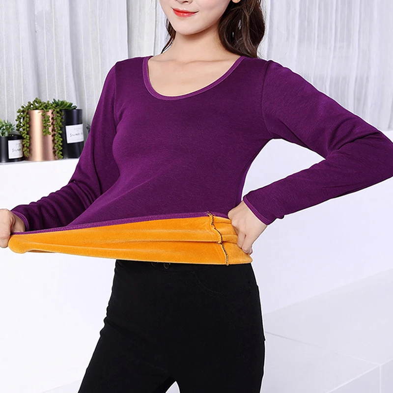 2XL Long Sleeve Single Layer Velvet Thermal Clothing For Women Winter Underwear O-Neck Basic For Thermos Tops Female Second Skin