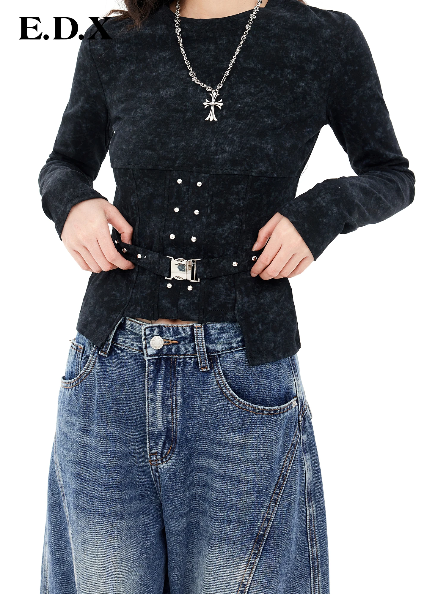 

Женская приталенная футболка с длинным рукавом, весна 2026, с пуговицами и поясом, в уличном стиле, из хлопка, повседневный топ для женщин