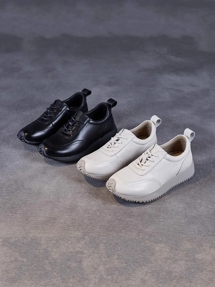 Spring Female Genuine Leather Lace Up Sport Shoes Breathable Round Toe Outdoor Jogging Sneakers Low Cut Running Trainers Shoes