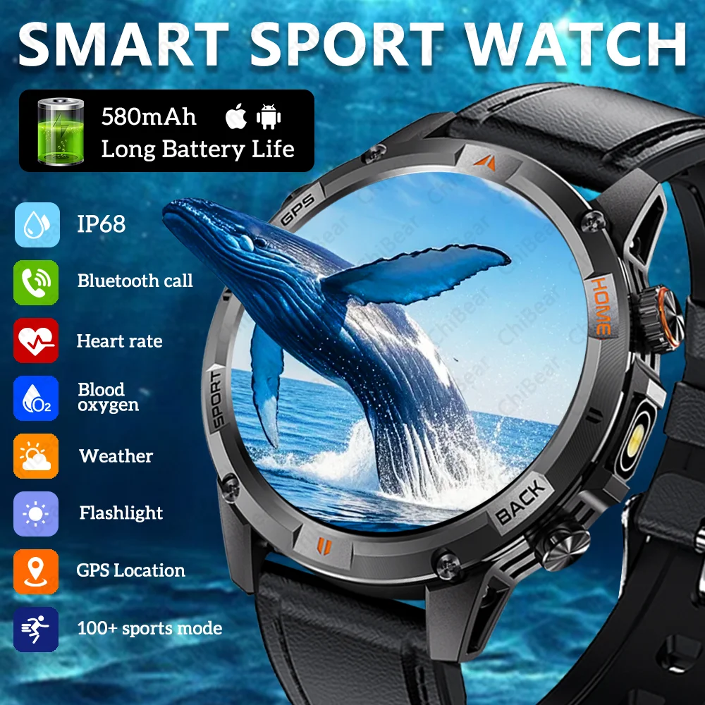 

2025 GPS Fitness Smartwatch 580mAh Long Battery Life LED Flashlight Heart Rate Bluetooth Call IP68 Waterproof Sports Smart Watch