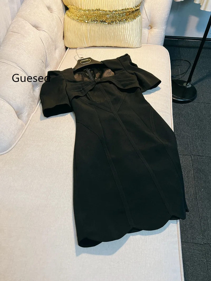 Guesed Women Black Dress Vintage French Square Collar Slim Dress A-Line Puff Sleeve Top Quality Vestidos Formal Desigm Female