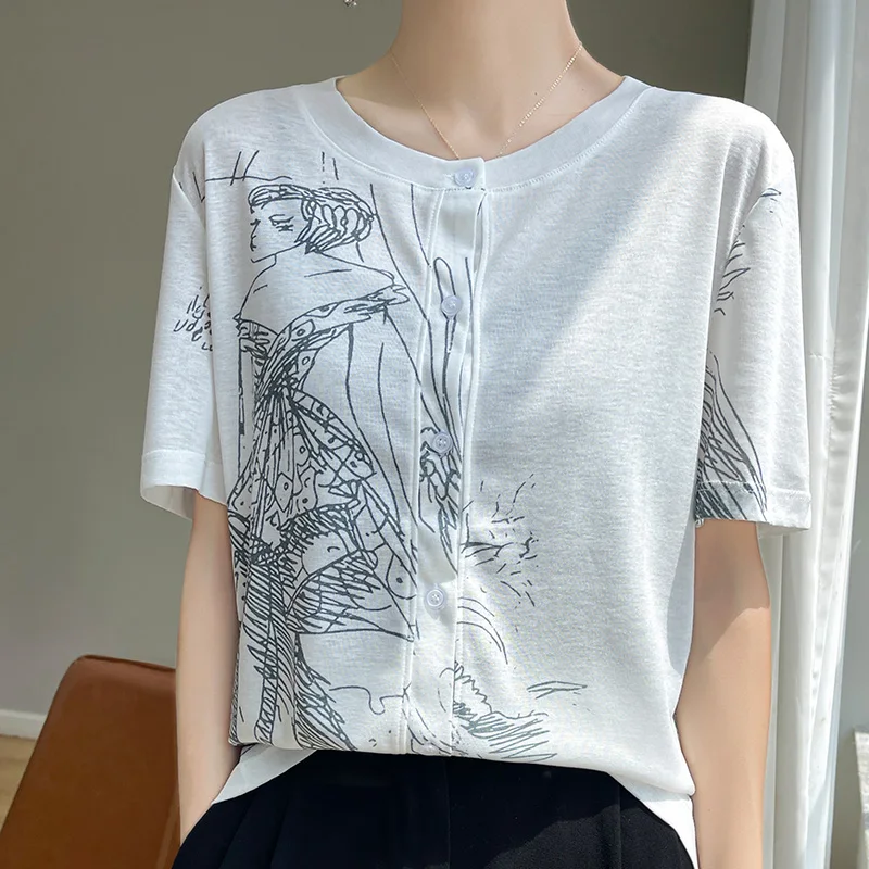 

Cardigan Woman 2024 Trend Fashion Elegant O-neck Wool Short Sleeve Women's Knitted Tops Lady Simple Casual Blouse Graffiti Coat