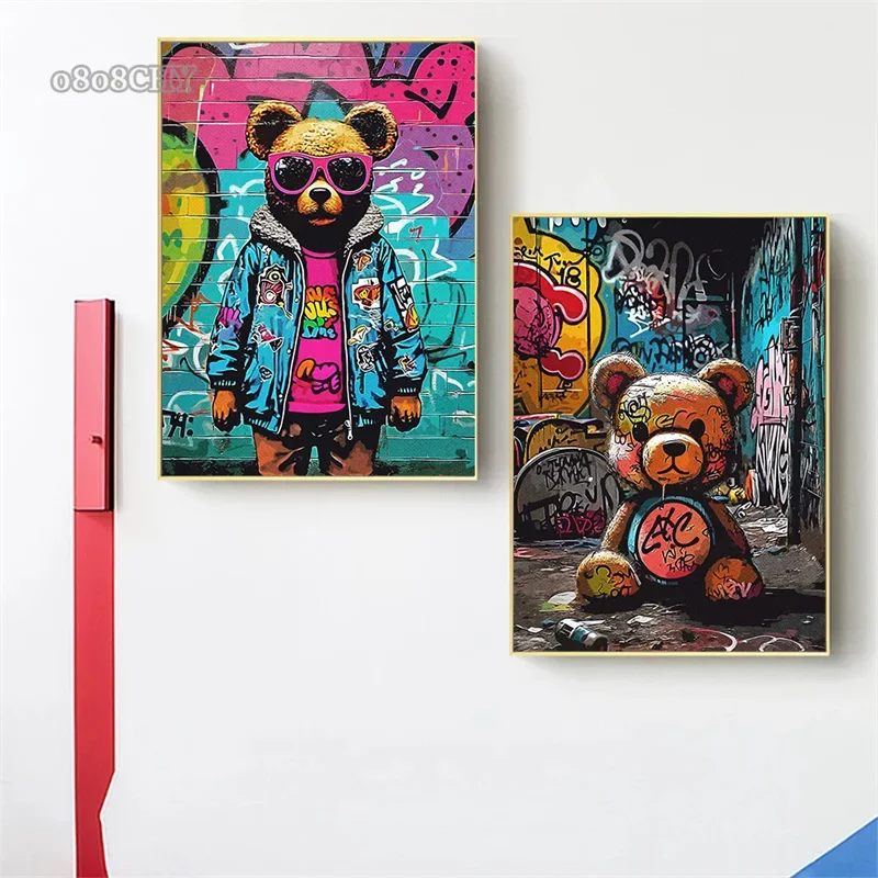 Street Graffiti Bear Poster Cartoon Fashion Pop Art Canvas Painting Street Wall Art Pictures for Modern Home Room Decor Cuadros