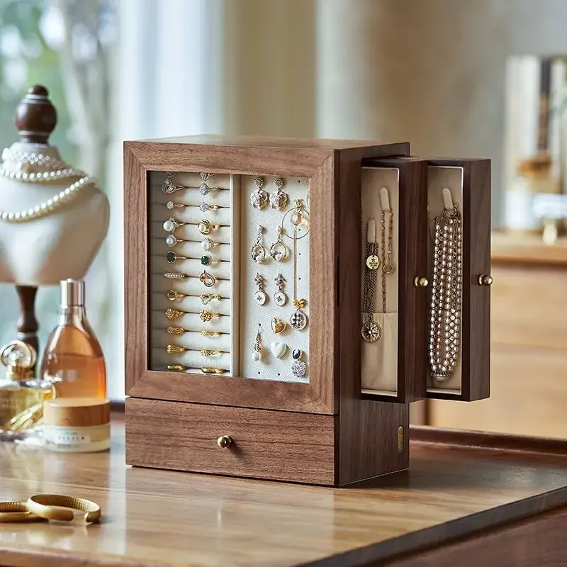 Walnut jewelry storage box High appearance level delicate earrings Stud necklace jewelry multi-layer jewelry box Solid wood