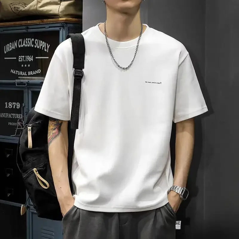 Camiseta estampada 100% de algodón puro para hombre, camisetas de manga corta con cuello redondo, camiseta blanca holgada, ropa informal de alta calidad para hombre