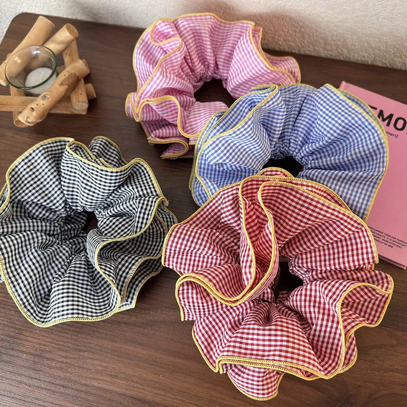 

Retro Colorful Lattice Ruffles Hair Scrunchies Headbands for Womens Girls Sweet Romance Hair Rope Rubber Band Hair Accessories