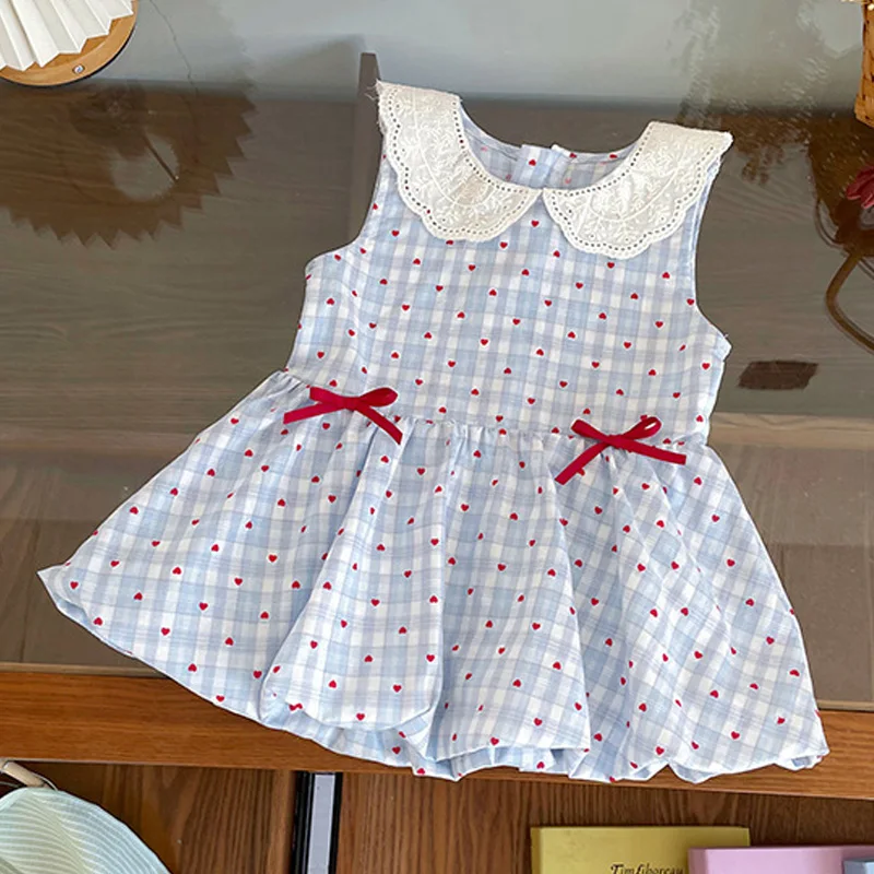 

Girls Plaid Dress Summer Princess Sweet Peter Collar Gown 2026 New Kids Blue Heart-Print Vestidos Children Sleeveless Clothing