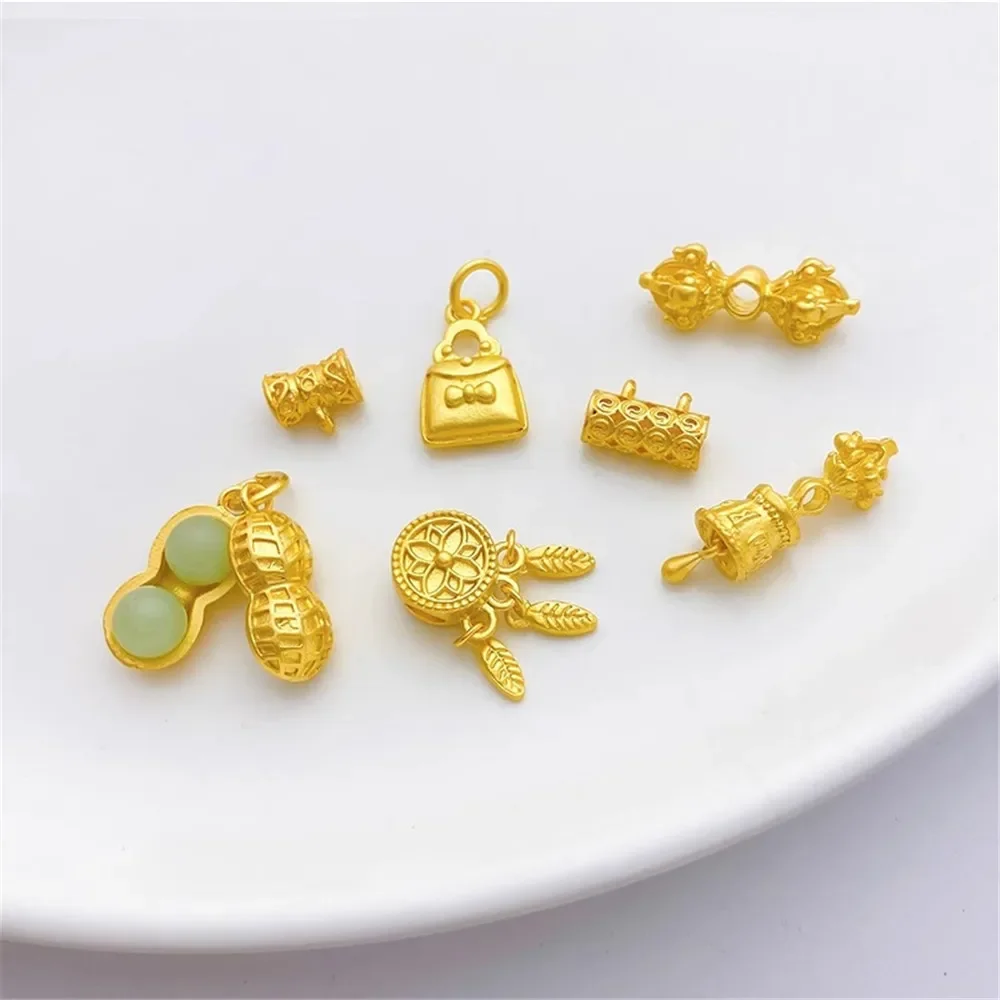 Tubo curvo hueco de maní de oro antiguo, captura de sueños, malla, agujero grande, colgante de cuentas, borla, pulsera Diy, colgante de collar