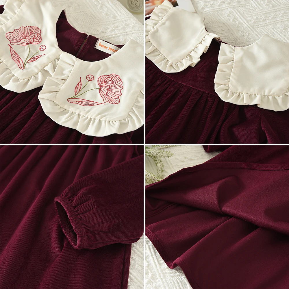 Frühlings- und Herbst-Neuheit: Weinrotes Retro-Prinzessinnenkleid mit Blumenstickerei, weißem Puppenkragen und langen Ärmeln für Mädchen. – Detail 10