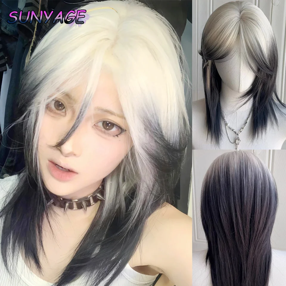 

SUNYAGE Black And White Gradient Synthetic Wigs For Cosplay Long Straight Layered Wigs With Bangs For Women Heat Resistant Fake