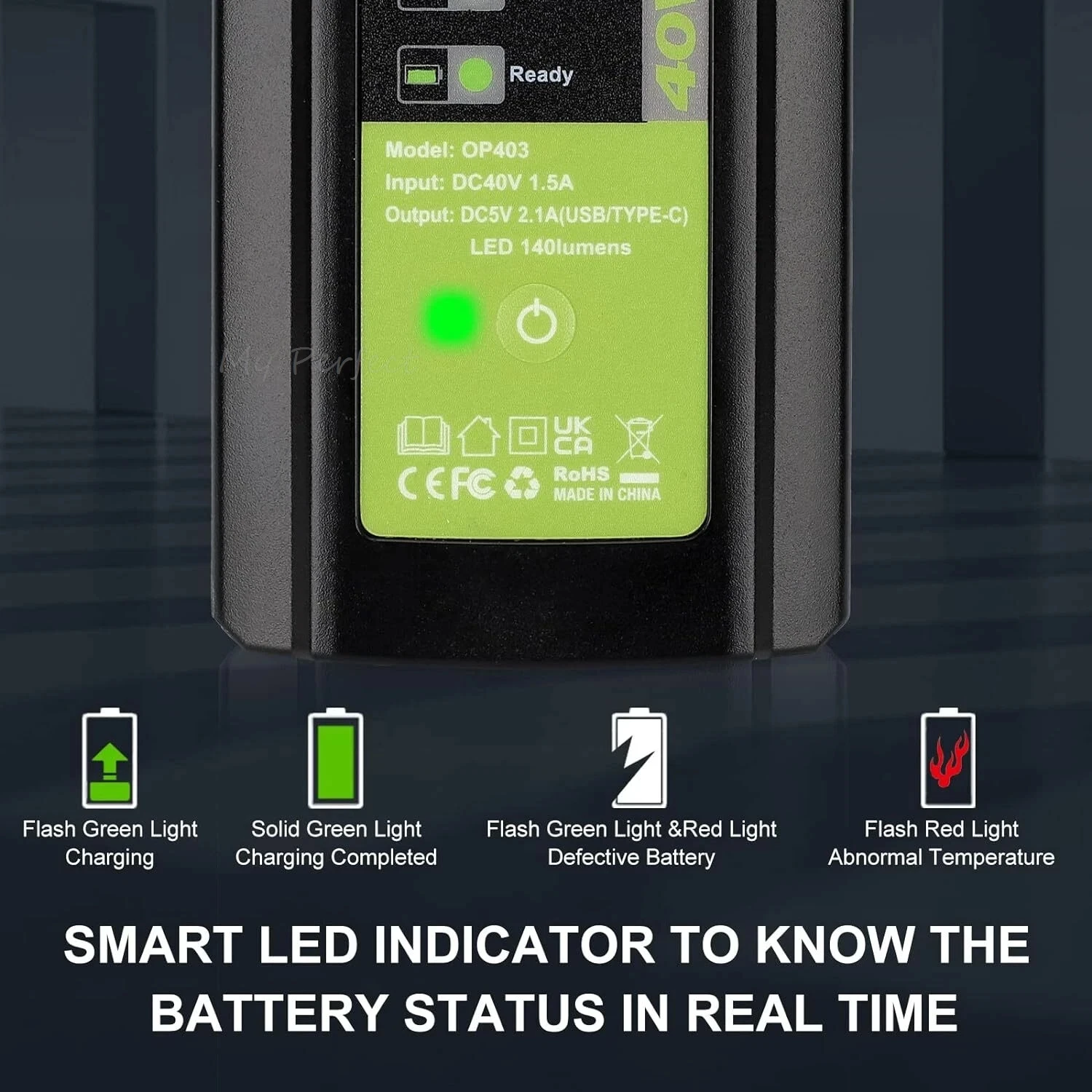 40V Charger for Ryobi Lithium Battery Dual USB and Type-C 2.1A Fast Charge with 140lm LED Light Charging Indicator for OP40201