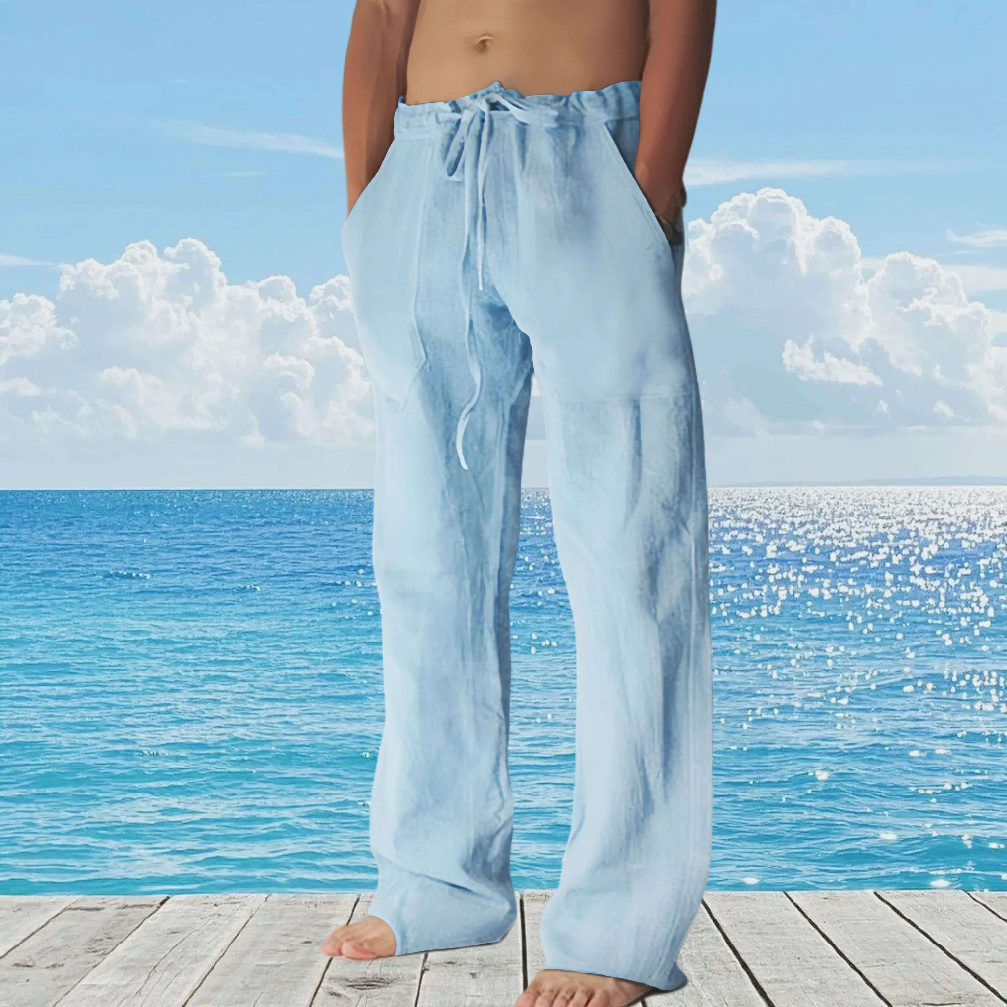 

New Men's Pants Sweatwear Solid Color Breathable Trousers Cotton Fitness Lightweight Casual Summer Men Beach Pants