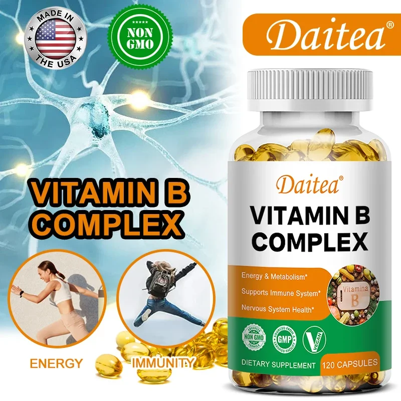 DAITEA - Vitamin B Complex Capsules - B12, B1, B2, B3, B5, B6, B7, B9, Folic Acid and Biotin - Reduce Stress, Boost Immunity