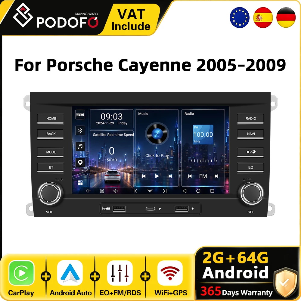 Podofo Android Autoradio Stereo 7" 2G+64G für Porsche Cayenne 2005–2009 Smart Car Systems GPS Navigation WiFi Carplay für Auto Multimedia Player Android Auto BT FM Autoradio