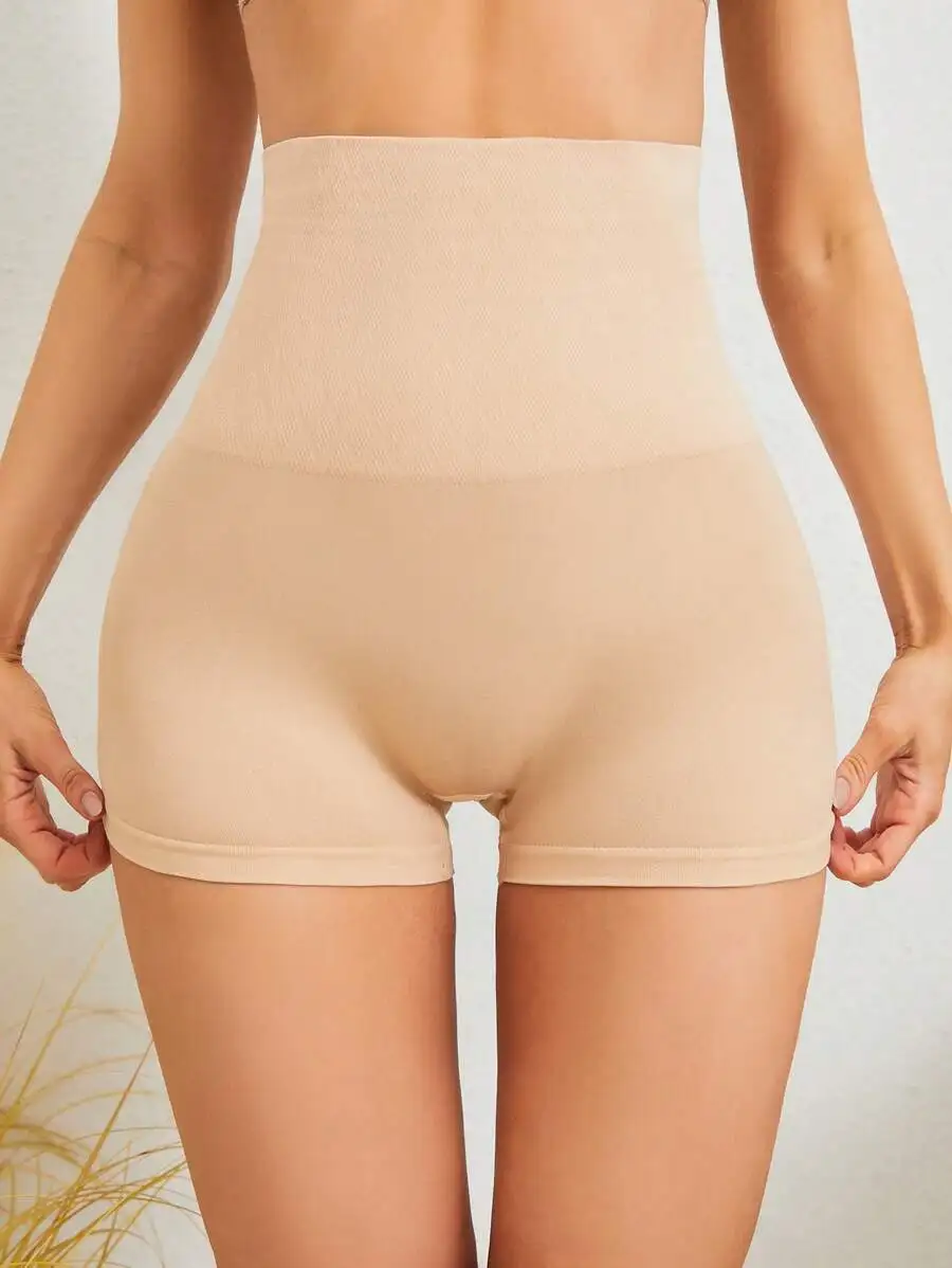 Women's High Waist Knitted Fabric Apricot Plain Semi Sheer Shapewear Shorts Comfortable Stretch Underwear view 2