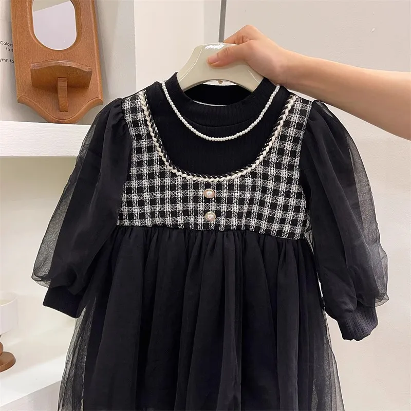 

Girls' Fleece-Lined Princess Dress Autumn Winter New High-End Style Little Girl Fashionable New Mesh Fake Two-Piece Dress