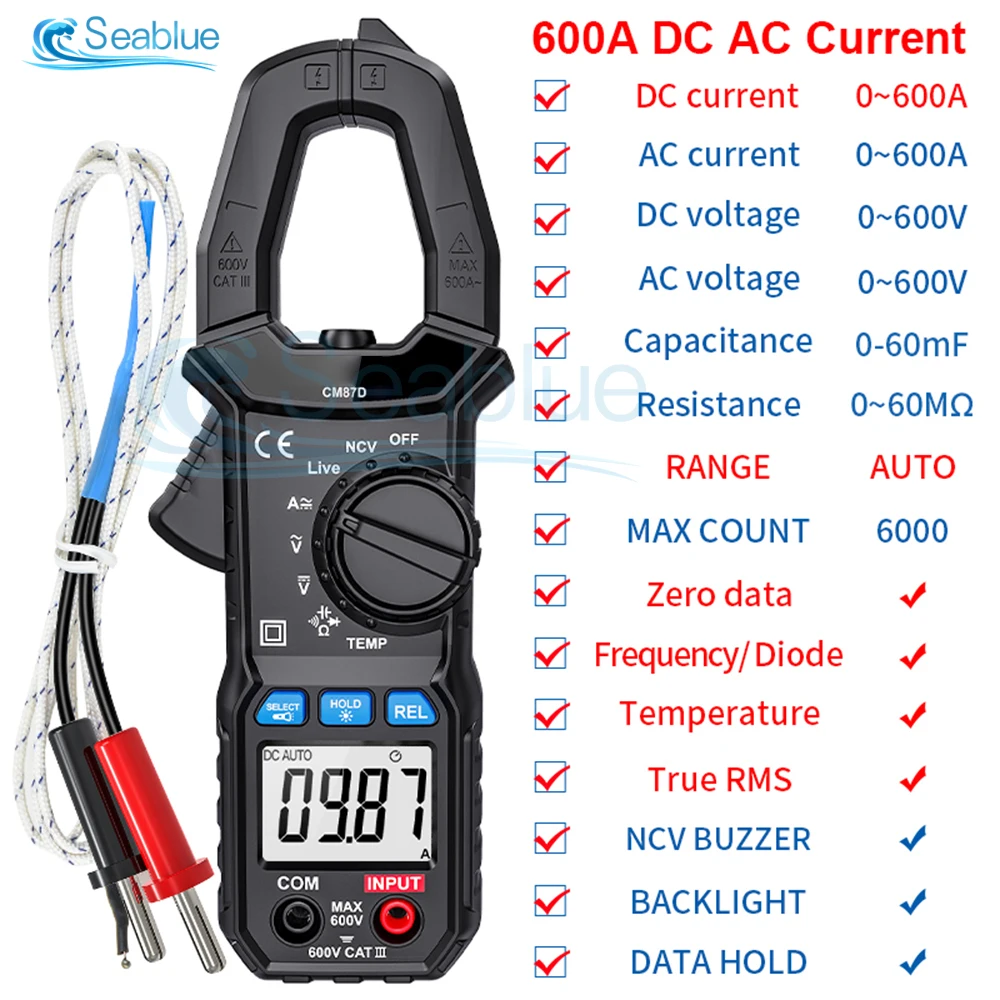 CM87D Clamp Meter LCD 600A AC/DC Current Amp Meter 6000 Counts Measures Flashlight Amp Volt Temperature Capacitance Resistance