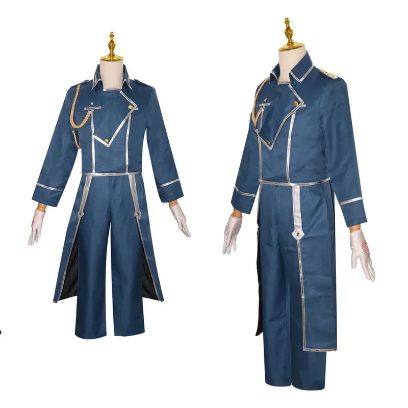 Disfraz de Anime Fullmetal Alchemist Roy Mustang, uniforme militar Unisex azul, traje de la hermandad de Halloween, abrigo, pantalones, guantes