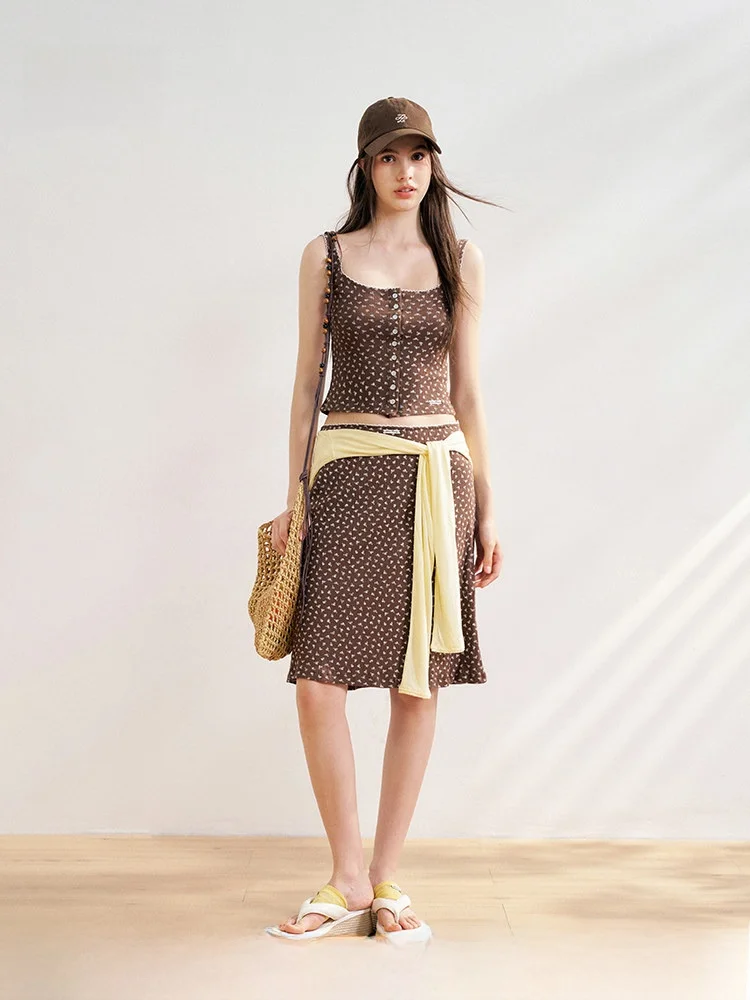 

Liilou Cotton Flutton Slim Fit Vest And Midi Skirt Set Casual Sle ort Sve round Ne Two Piece Suit for Women