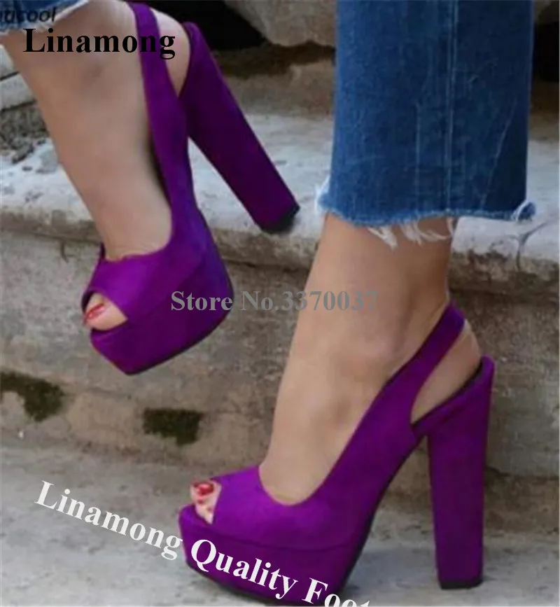 Purple Suede Chunky Heel Pumps Linamong Elegant Peep Toe High Platform Thick Heel Shoes Blue Red Party Dress High Heels Big Size