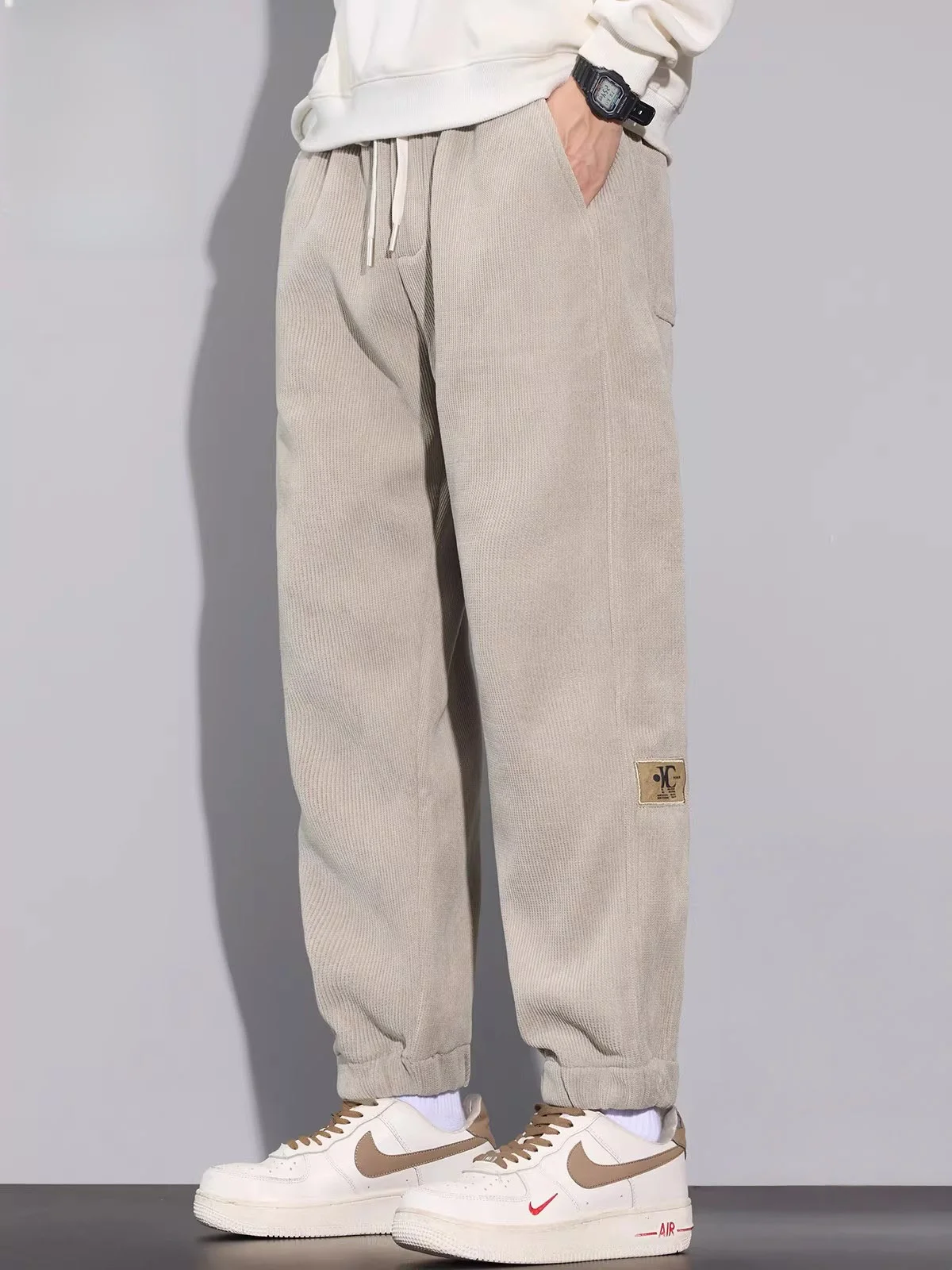 

Повседневные брюки с флисовой подкладкой, мужские зимние свободные длинные брюки с эластичными манжетами, модная молодежная повседневная одежда из полиэстера и спандекса