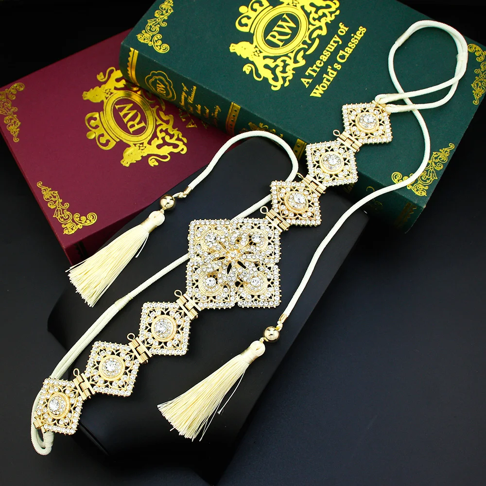

Sunspicems Gold Color Rope Tassels Morocco Belt Crystal Women Dress Belt Arabic Bride Wedding Jewelry Caftan Abaya Waist Chain