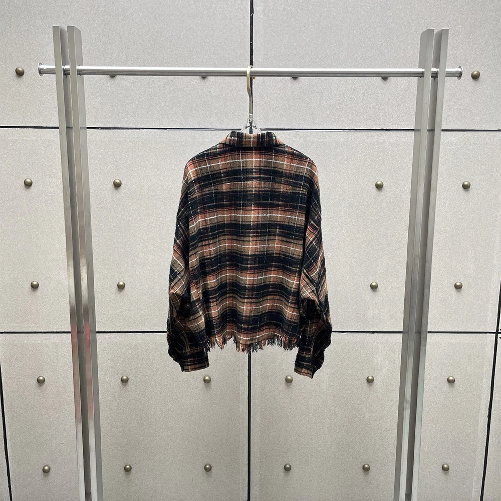 Ladies 100% Cotton Checkered Blouse Long Sleeve Lapel Button‑Up Shirt Raw Fringe Hem Loose Streetwear Top for Casual Daily Wear