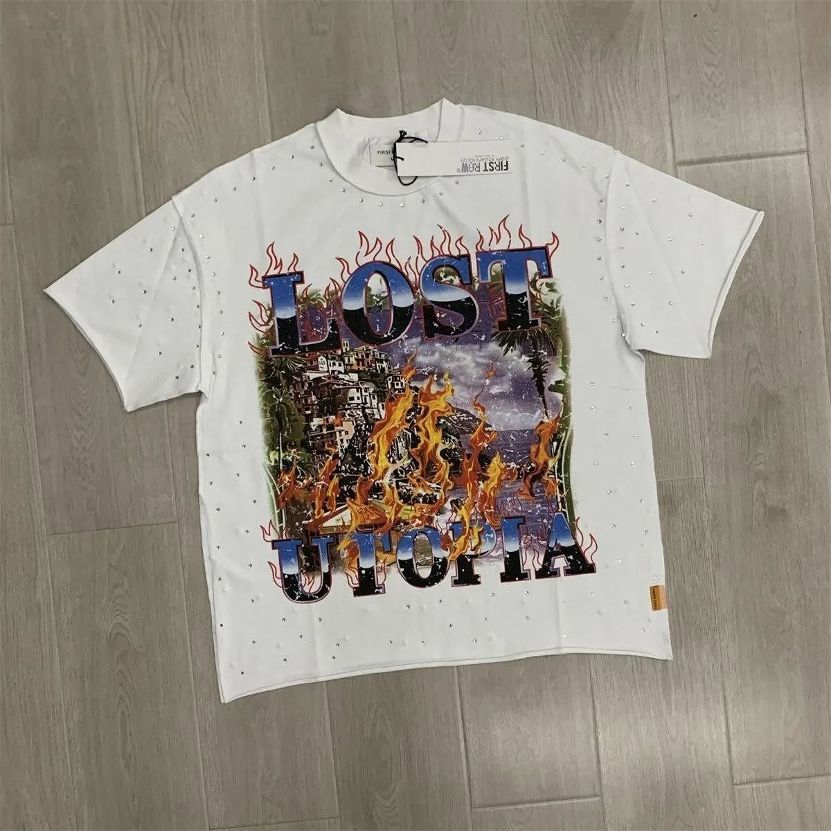 First Row Retro American Direct Injection Printed Beaded Short-Sleeved T-Shirt - Retro Weathered Loose-Fitting Top