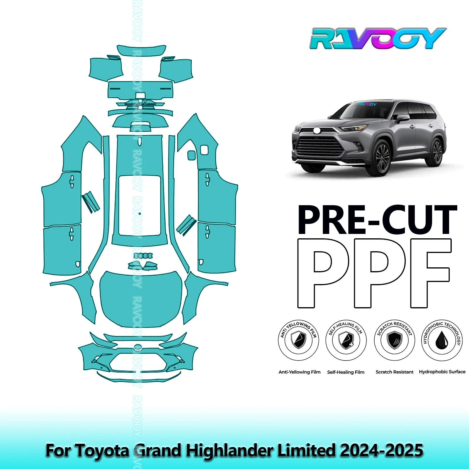 RAVOOY 8.5Mil Custom-Fit Precut TPU PPF Full Vehicle Clear Bra Stone Guard EU UK For Toyota Grand Highlander Limited 2024-2026